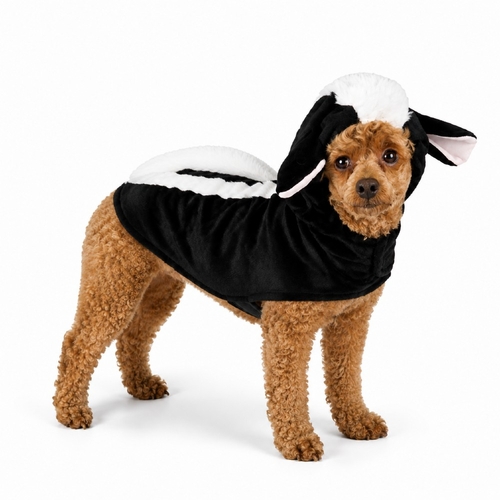 Brown dog wearing the Otis and Claude black-and-white skunk costume